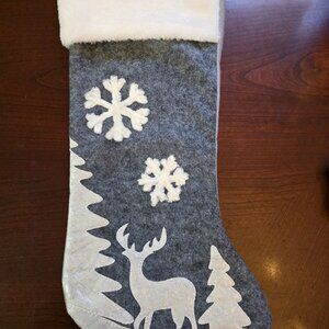 Gray Christmas Stocking With White Fleece Cuff Felt Snowflake & Deer Design